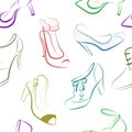 Vector seamless pattern with drawing of women shoes. Multicolored contours shoes.